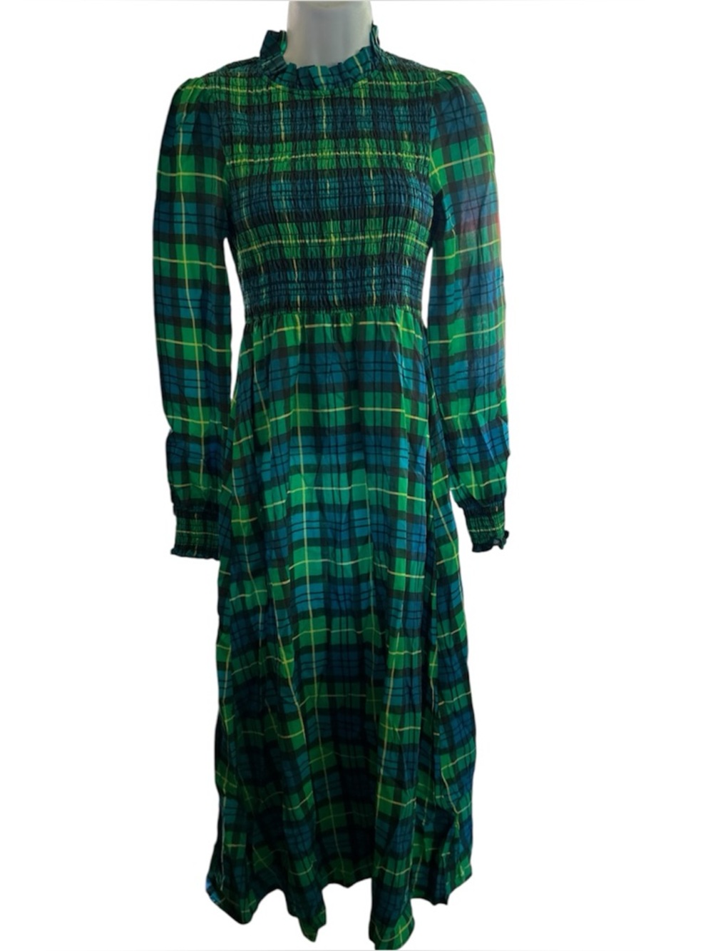 KITRI Prairie Western Smocked Ribbed Plaid Ruffle Long Sleeve Maxi Dress Size 4
